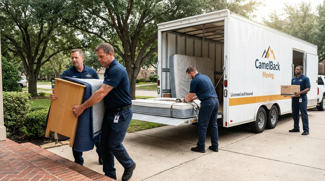 Crew loading residential truck for cross-state move from Saint Rose, LA