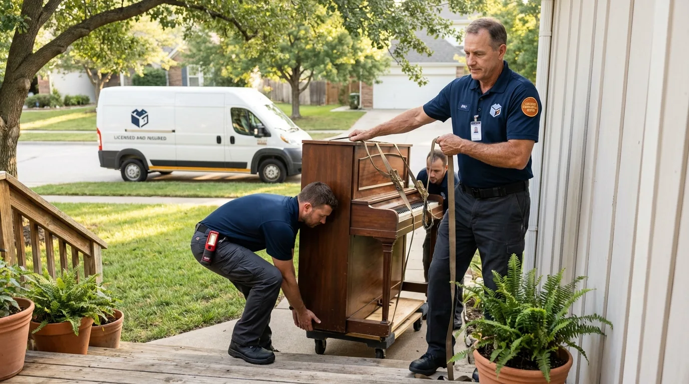 Licensed piano movers securing grand piano in Saint Rose, LA