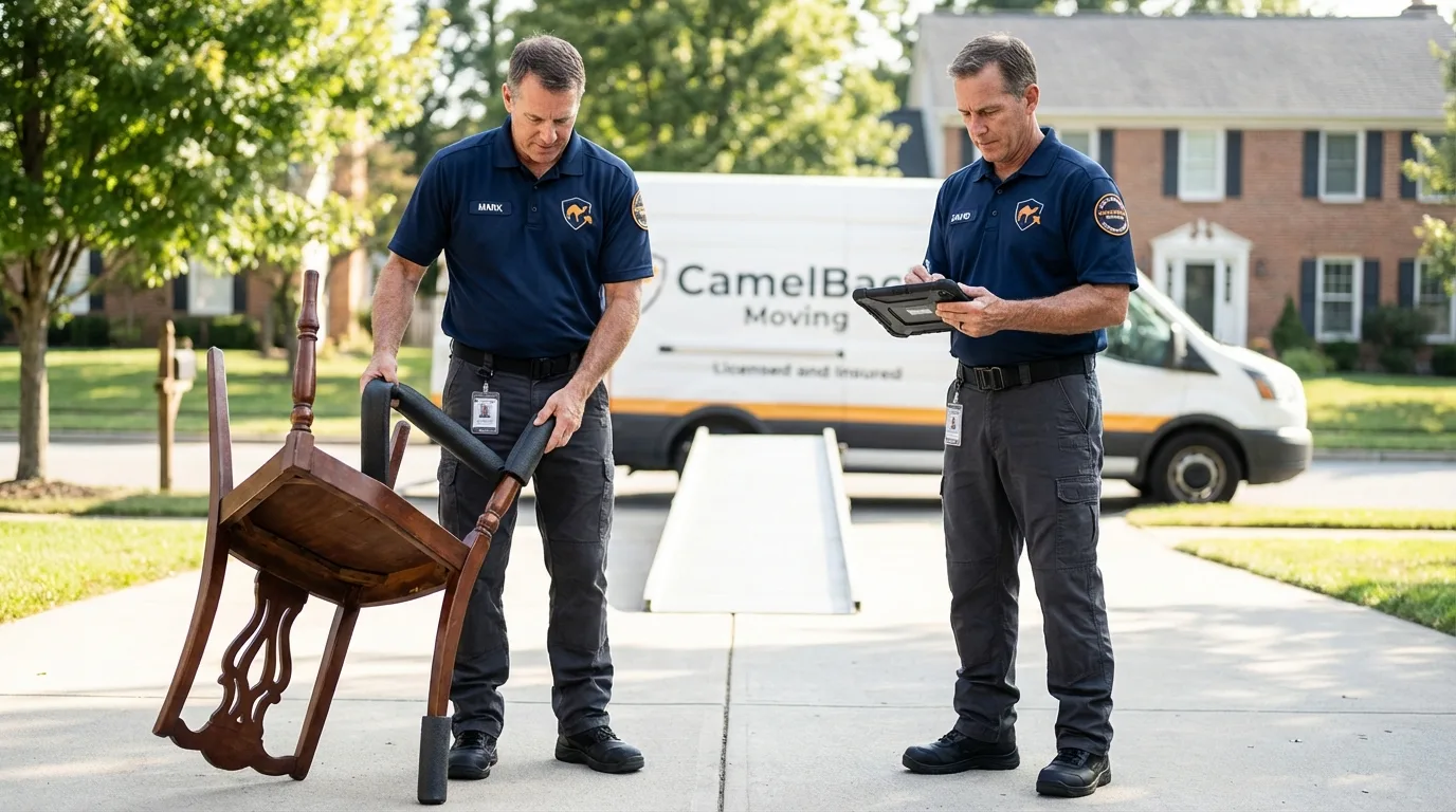 Movers inspecting furniture for damage prevention before loading in Saint Rose, LA