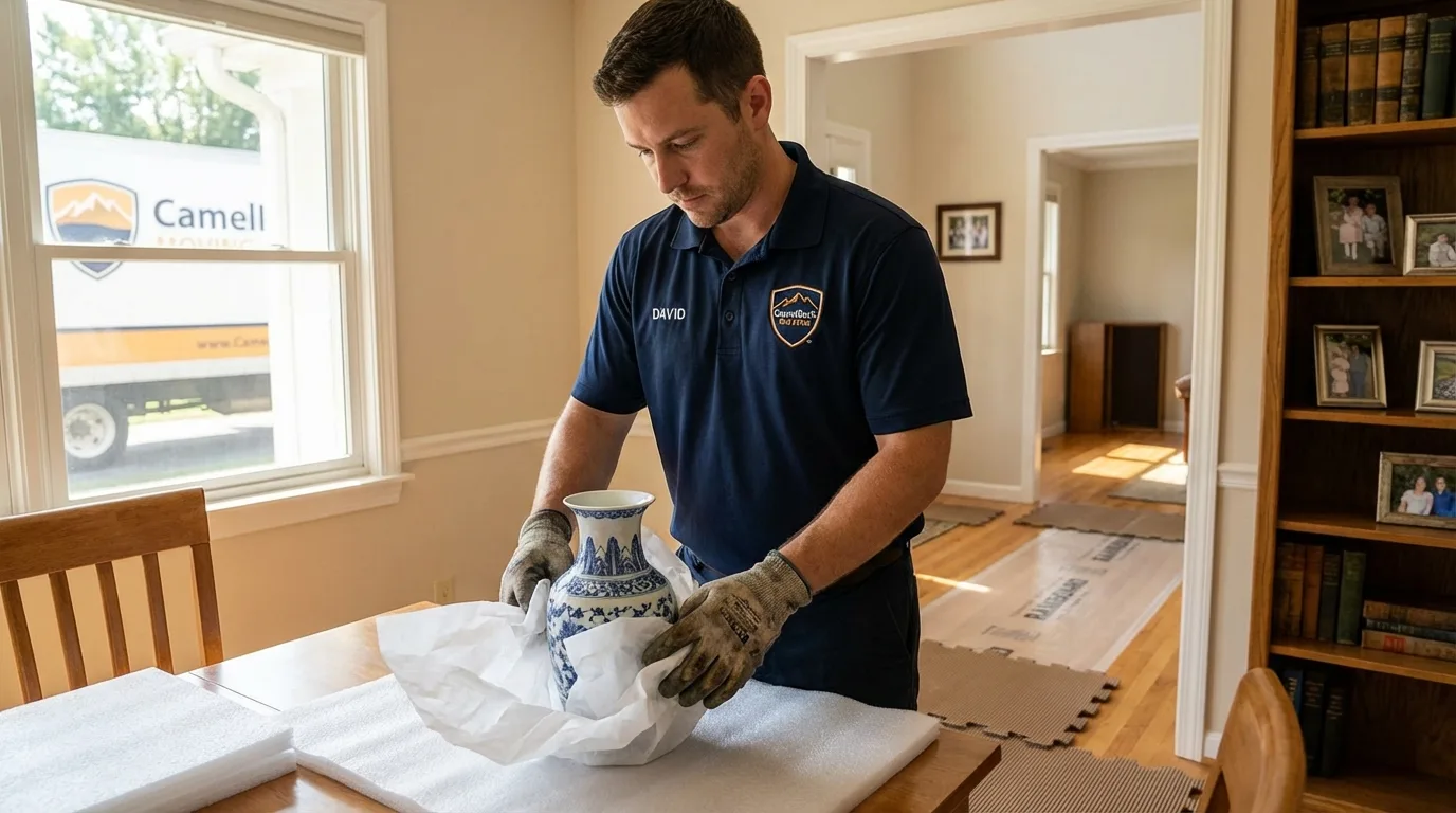 Professional crew carefully wrapping antique vase for senior downsizing move in Saint Rose, LA